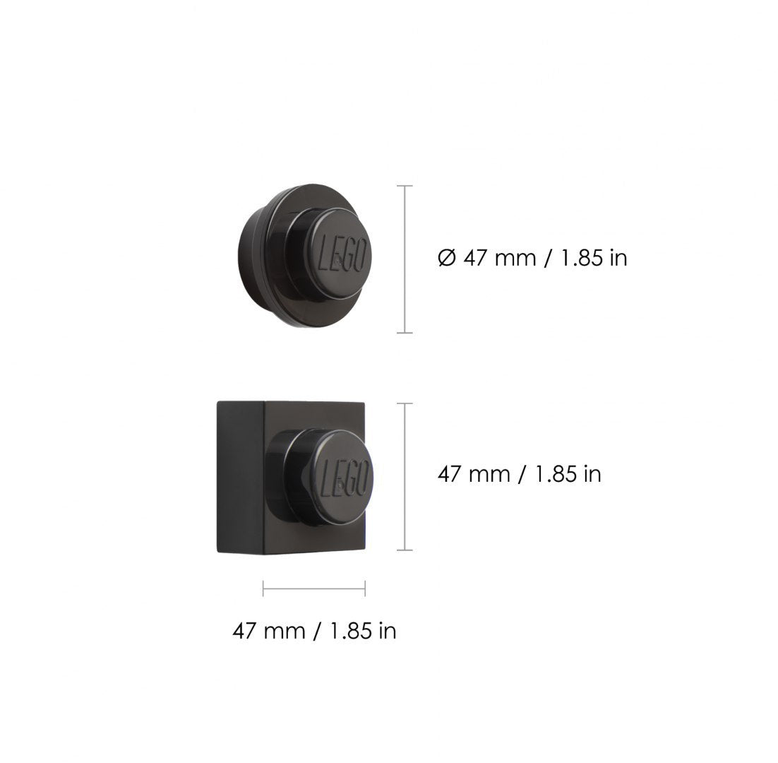 Magnesy LEGO szare i czarne o wymiarach 47 mm w okrągłym i kwadratowym kształcie