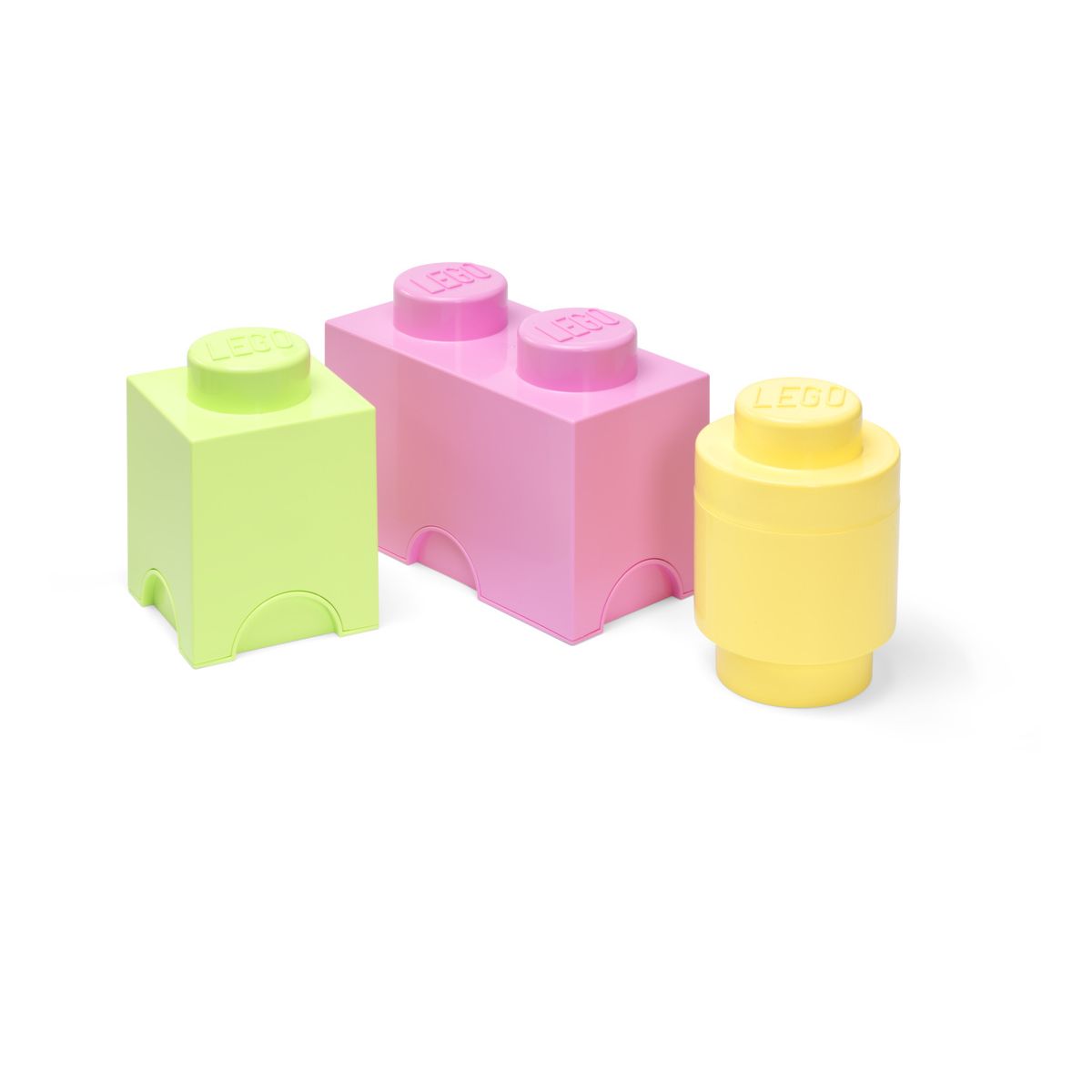 Zestaw pastelowych pojemników LEGO w kolorach żółtym, różowym i zielonym do przechowywania