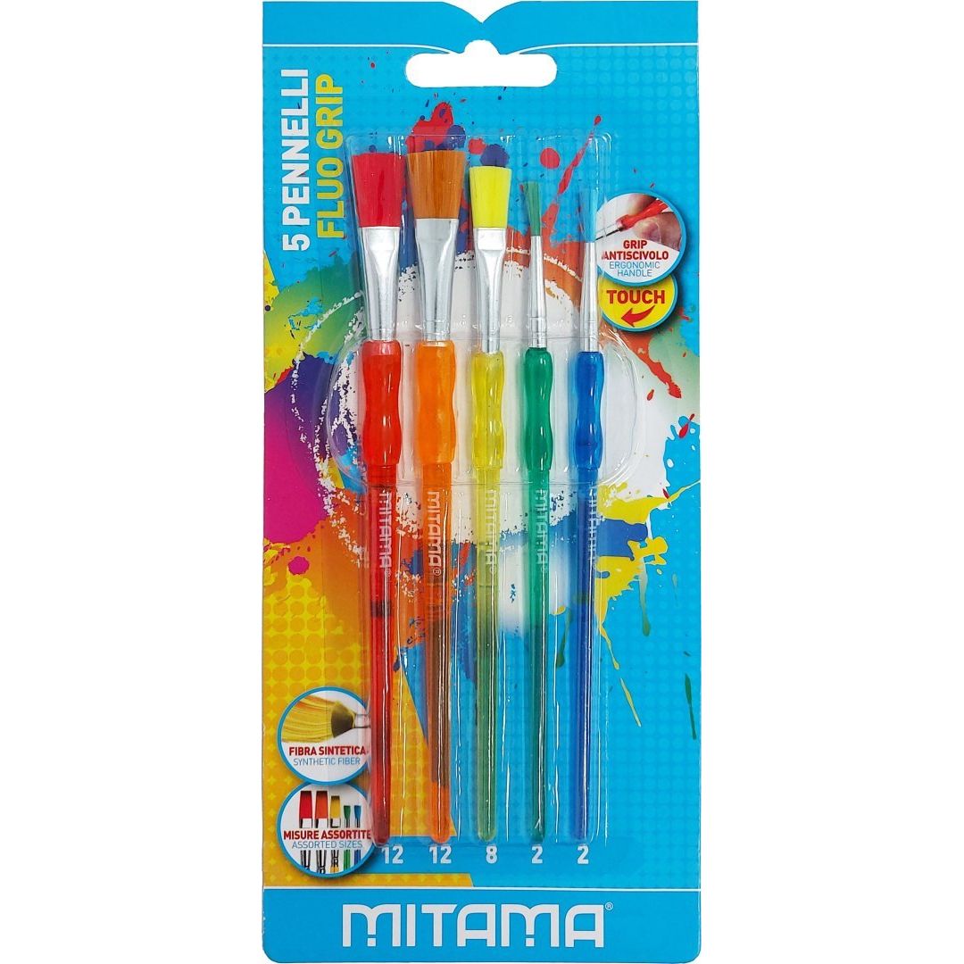 Set mit Malpinseln mit 5 Stück und farbigen Griffen in Fluo-Grip.