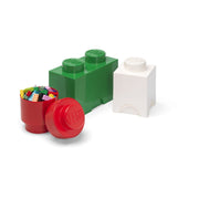 Zestaw pojemników lego 3w1 w kolorach czerwonym, zielonym i białym na klocki LEGO