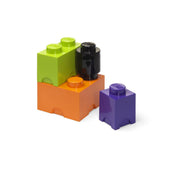 Kolorowe pojemniki LEGO Halloween w kształcie klocków w zielonym, czarnym, pomarańczowym i fioletowym kolorze