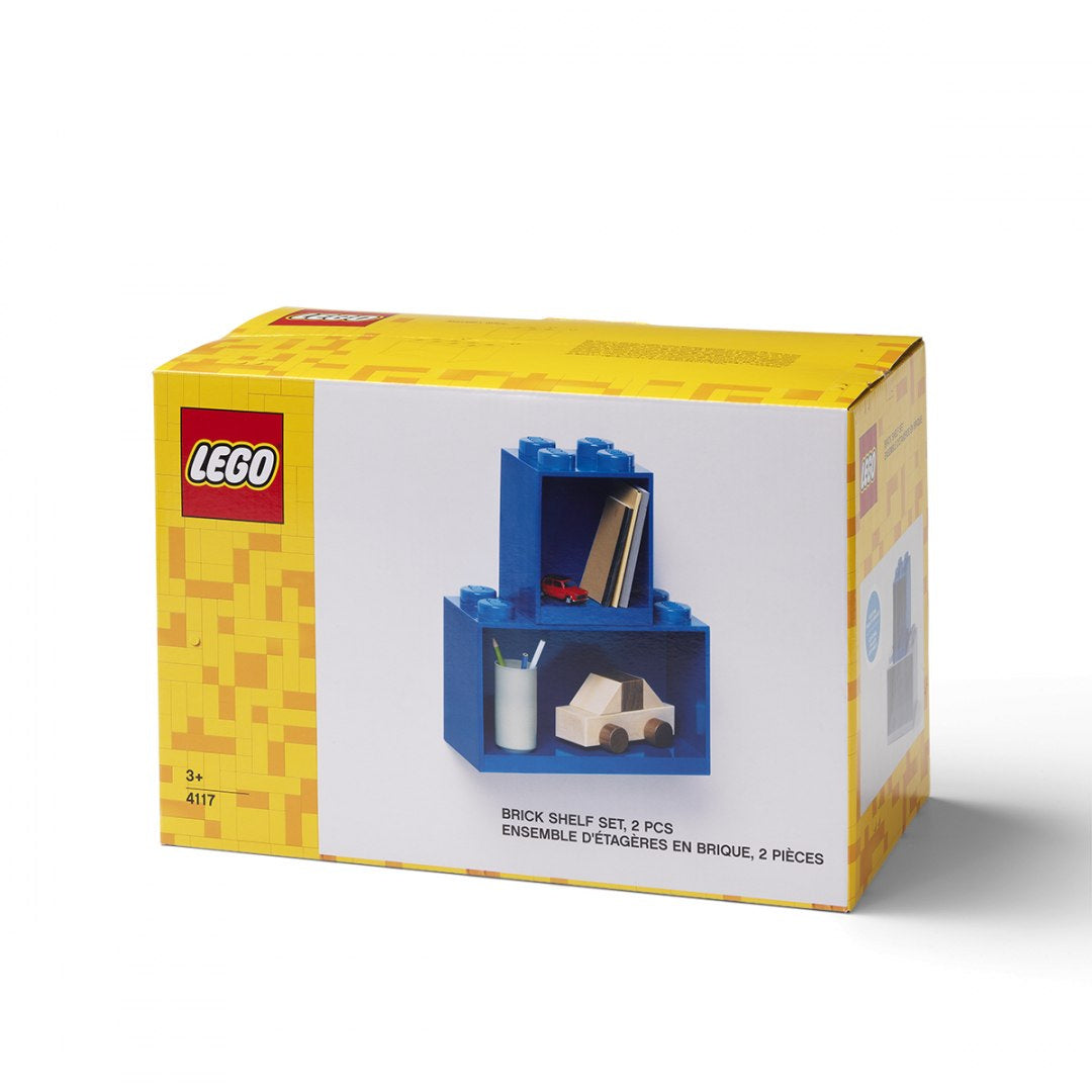 Zestaw dwóch półek LEGO szare w kształcie klocków do przechowywania zabawek i książek