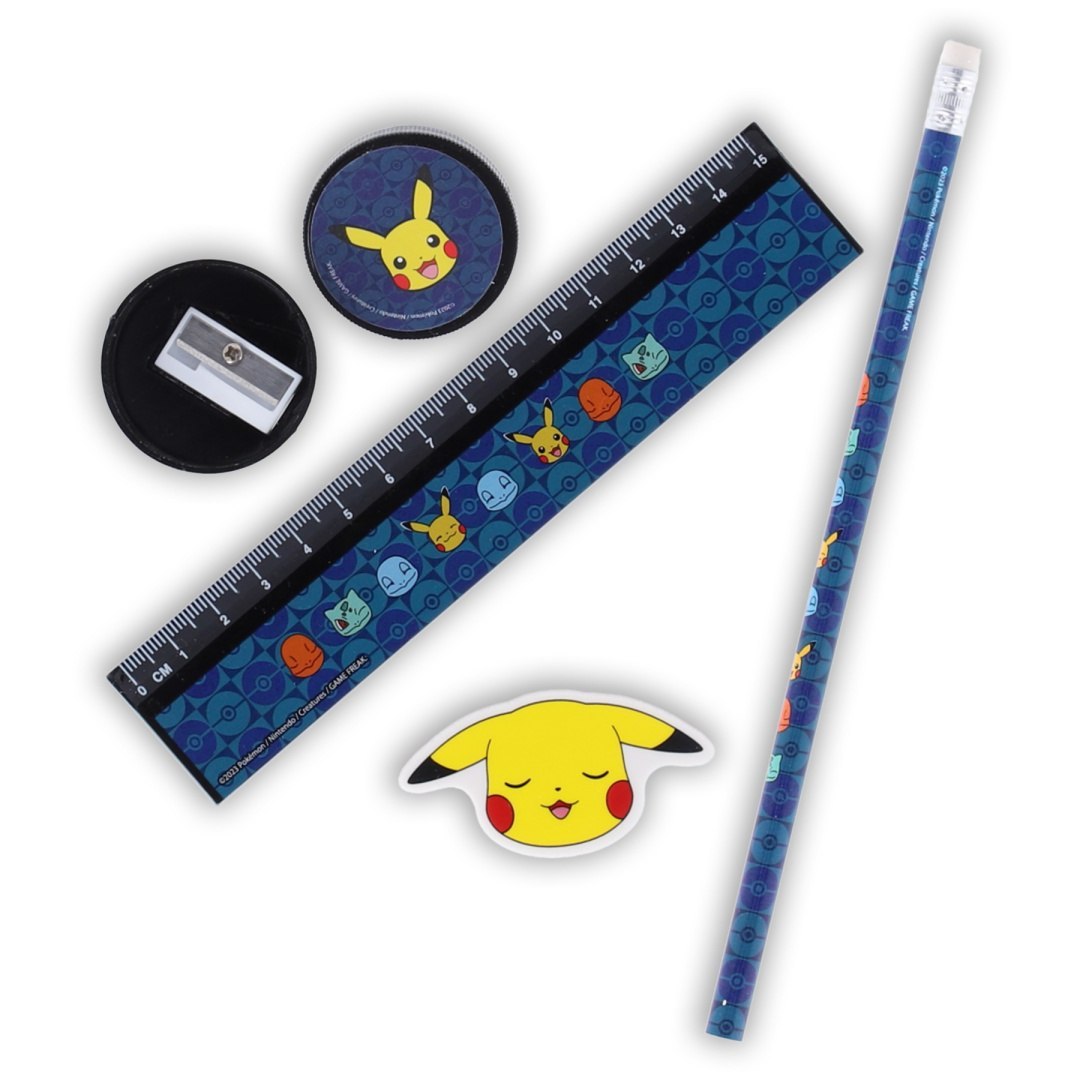 Das Pokémon Schulmaterialset mit Bleistift, Lineal, Spitzer und Radiergummi mit Pikachu-Motiv
