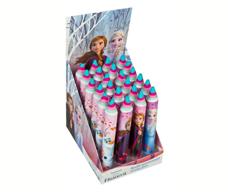 goma de borrar Frozen con los personajes de Anna y Elsa en un empaque colorido