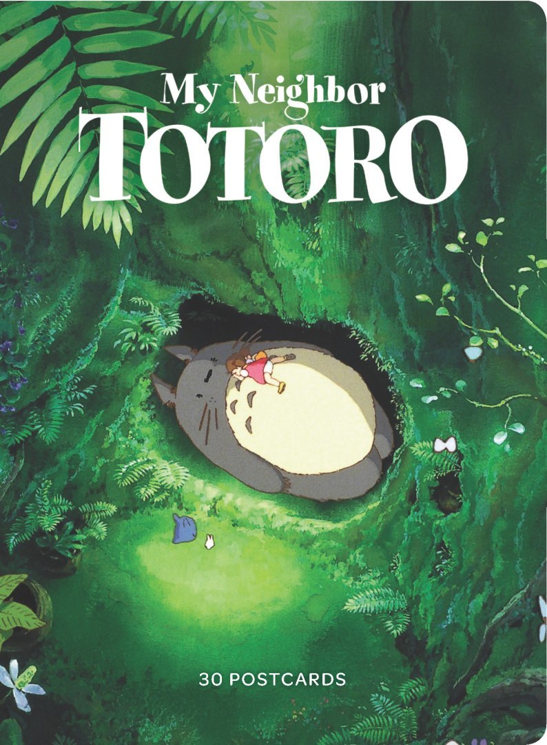 Zestaw pocztówek Mój Sąsiad Totoro z ilustracją Totoro i dziewczynką na zielonym tle lasu