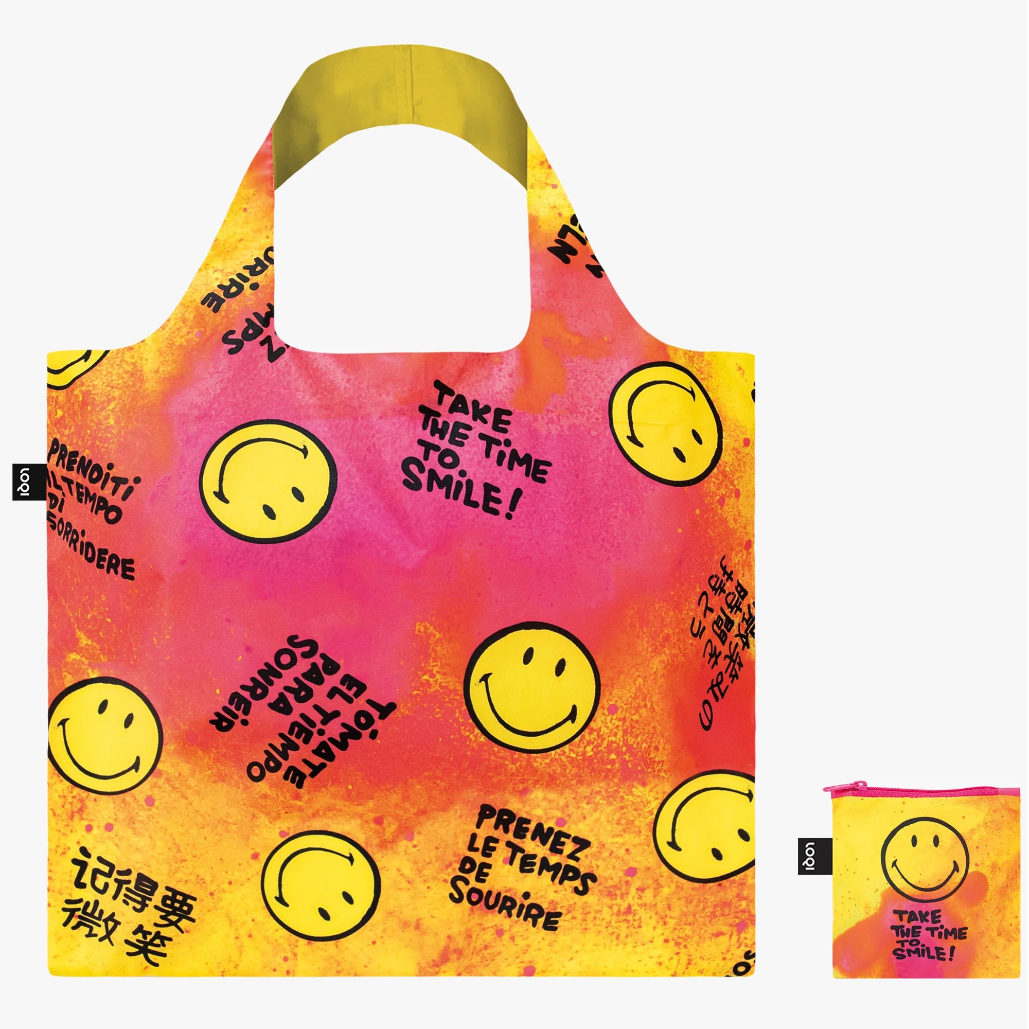 Kolorowa torba podręczna SMILEY z wzorem uśmiechniętych buziek i napisami