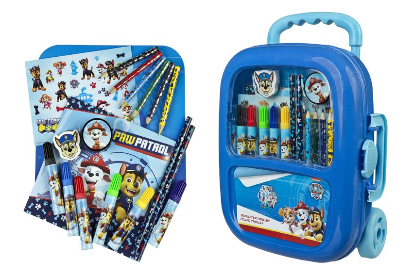 Blaue Rolltasche Paw Patrol mit einem Set an Schulmaterialien im Paw Patrol-Motiv