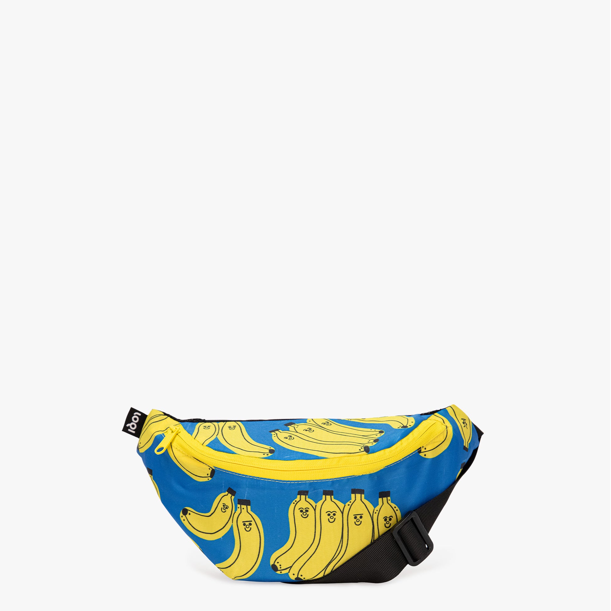 nerka z recyklingu z motywem bananów na niebieskim tle z regulowanym paskiem
