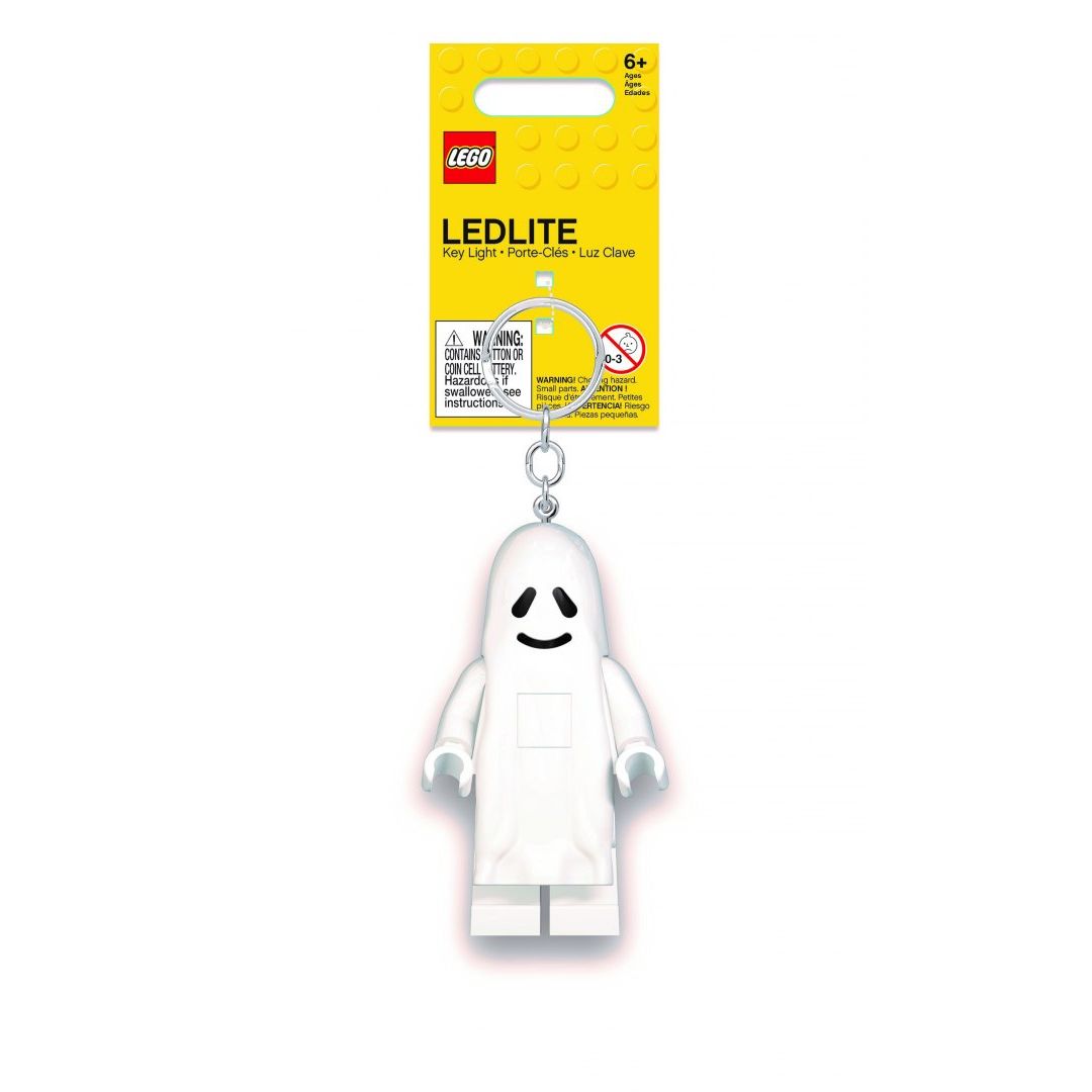 Brelok z latarką LEGO Duch w kształcie białego ducha z uśmiechem na żółtej karcie