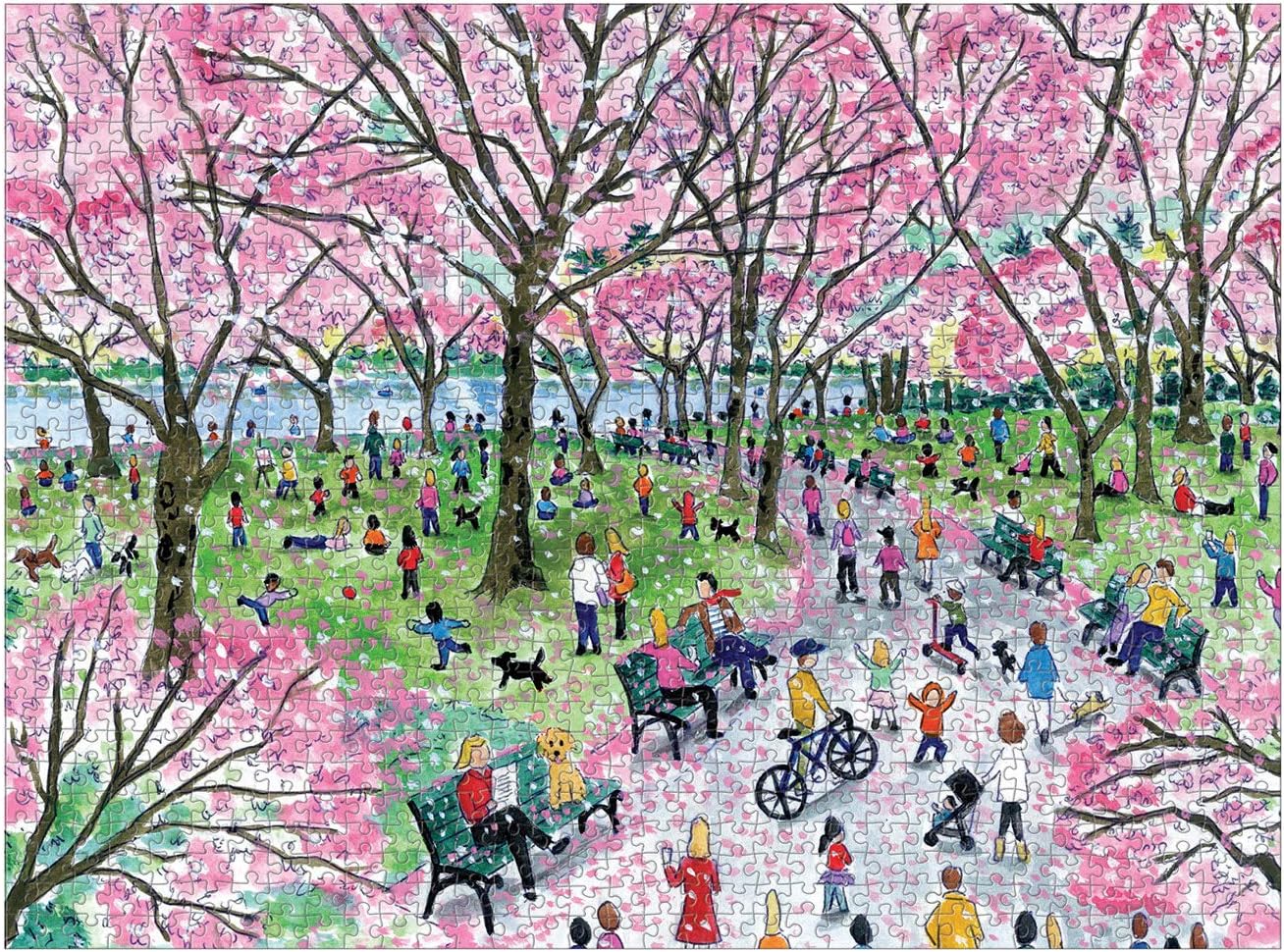 Kolorowy puzzle 1000 elementów wiśnie z ilustracją wiosennego parku pełnego ludzi i drzew wiśniowych