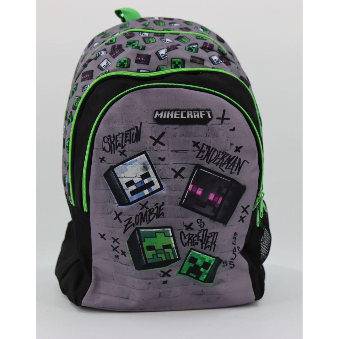 Mochila Minecraft para crianças com motivos de personagens e detalhes verdes em fundo cinza