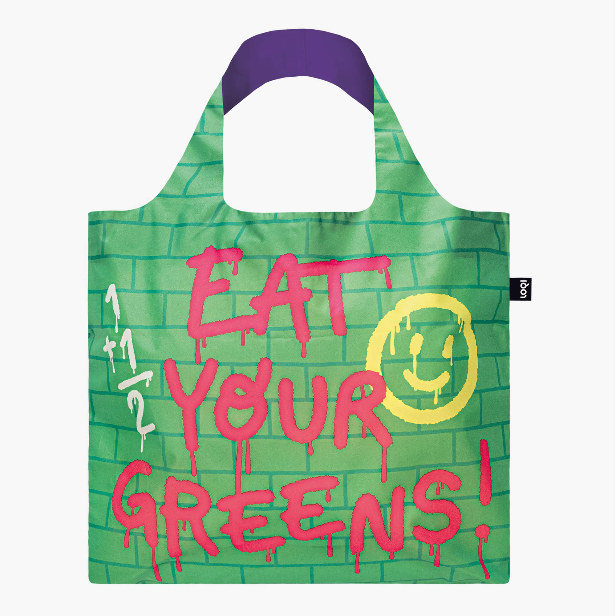 Torba ekologiczna LOQI Brosmind z zielonym nadrukiem Eat Your Greens i fioletowymi uchwytami