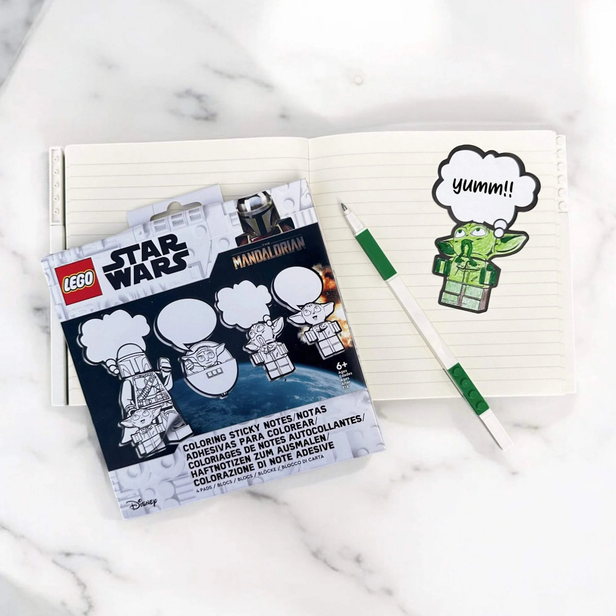 Samoprzylepne karteczki LEGO Star Wars z postaciami Mandalorianina do notatek i planowania