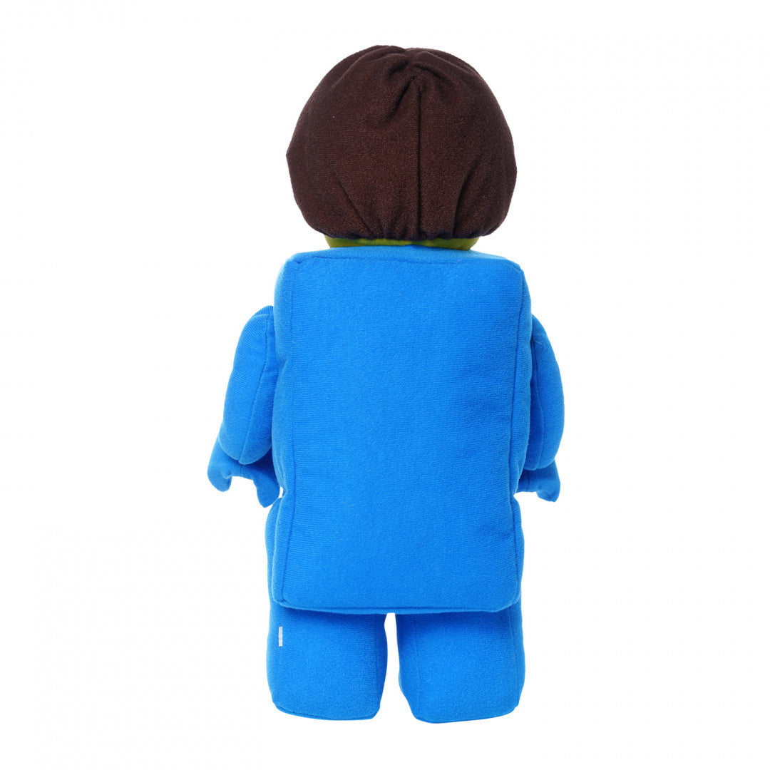 Pluszak LEGO Brick Suit Boy w niebieskim kostiumie widoczny od tyłu z brązowymi włosami