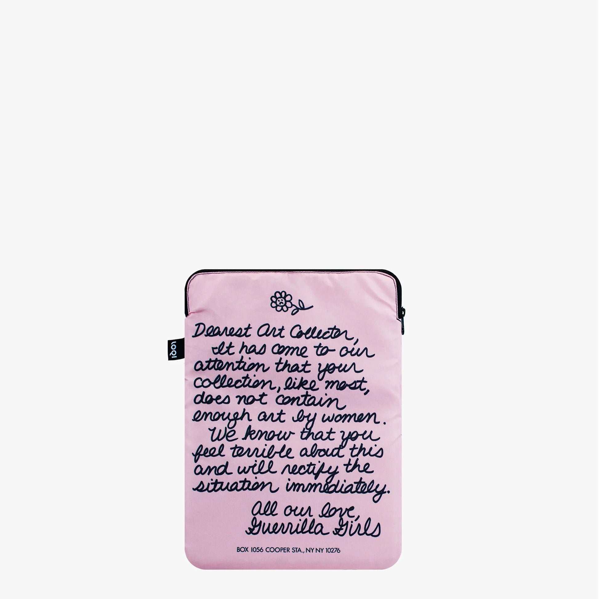 Różowa torba na laptopa Guerrilla Girls z nadrukiem artystycznym i czarnym zamkiem