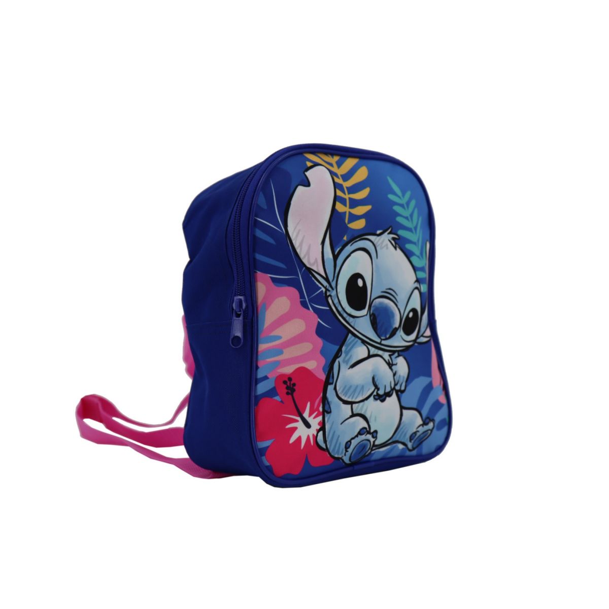 Bunter Kindergartenrucksack Lilo und Stitch mit der Figur Stitch und rosa Streifen.