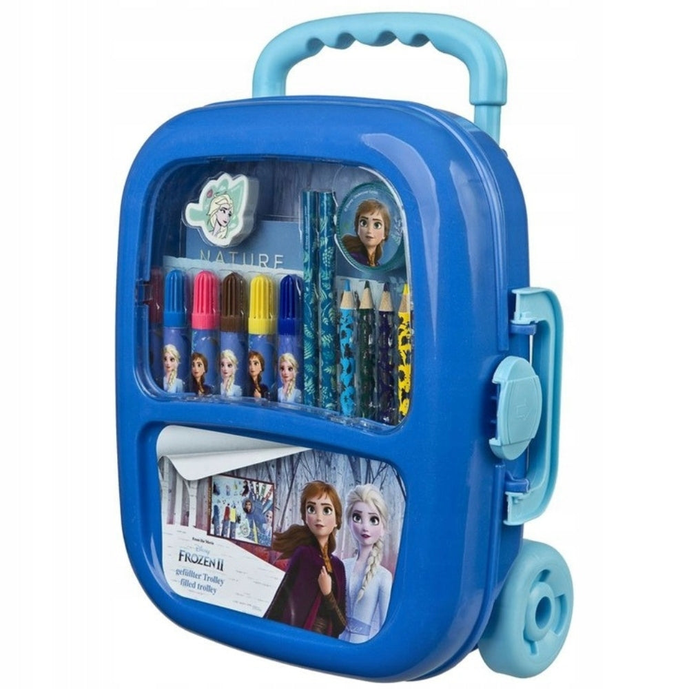 Blue rolling suitcase Frozen with a set of markers and crayons for children