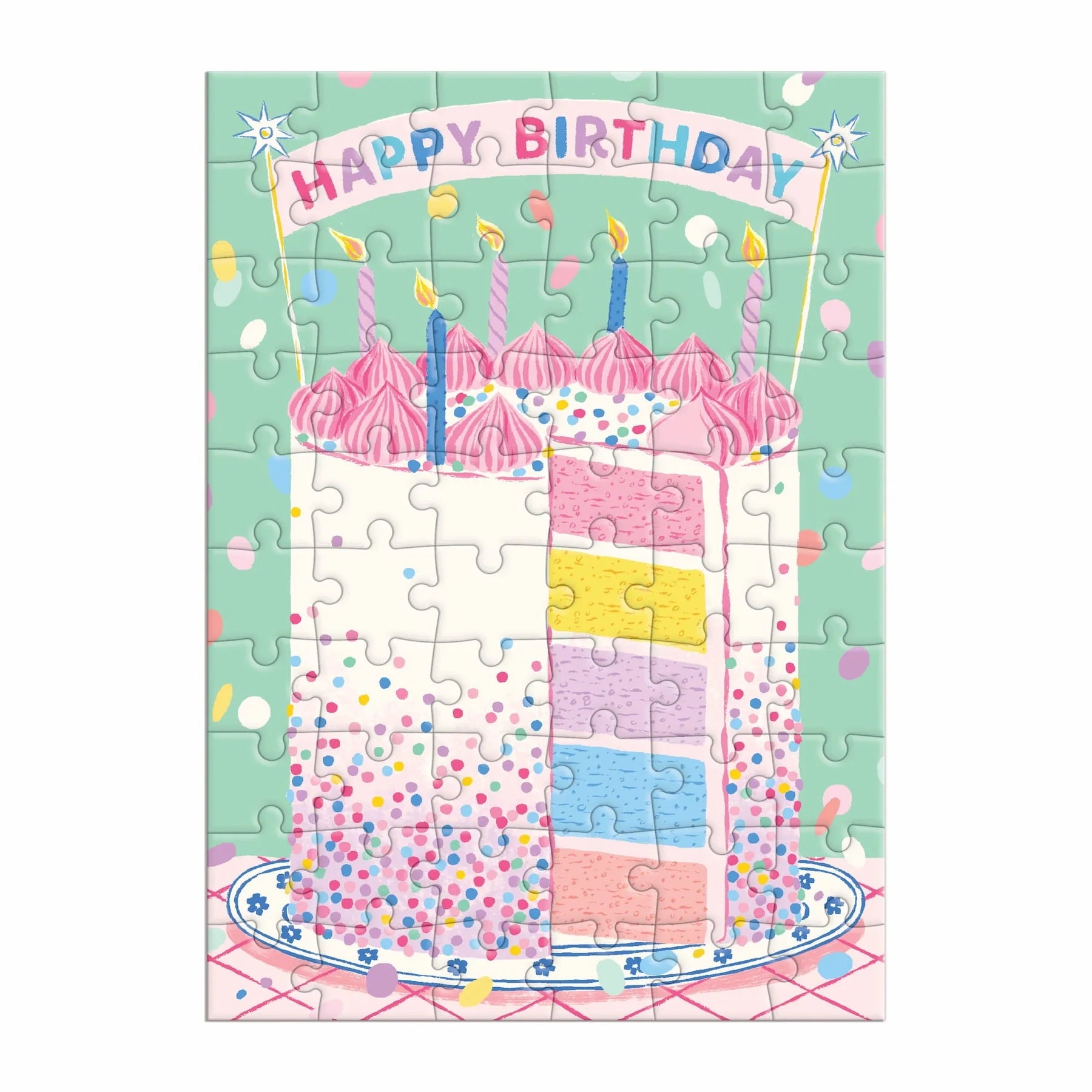 Kolorowa kartka urodzinowa z puzzlami przedstawiająca tort na tle konfetti z napisem Happy Birthday