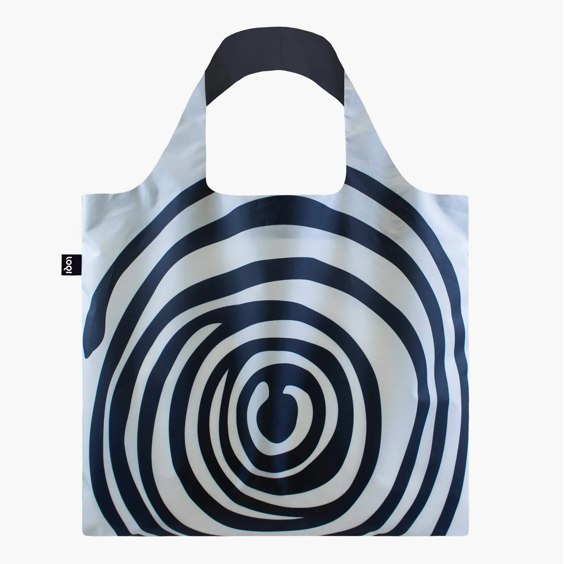 torba LOQI Louise Bourgeois z czarno białym abstrakcyjnym wzorem spiralnym na jasnym tle