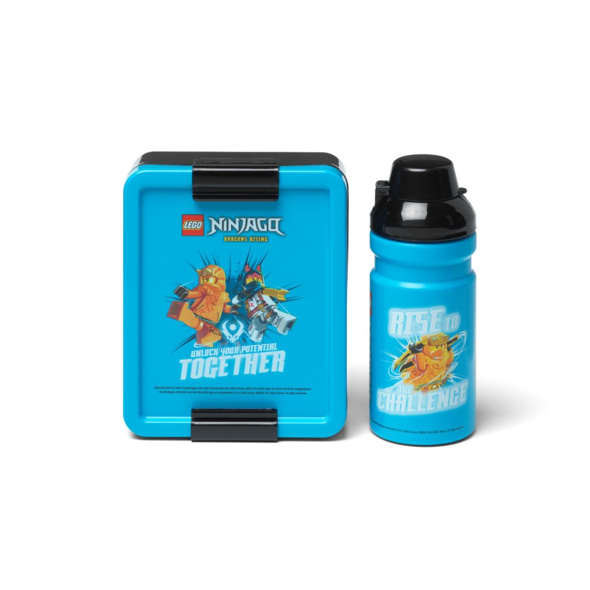 Lunchbox LEGO Ninjago niebieski z motywem bohaterów i bidon w zestawie