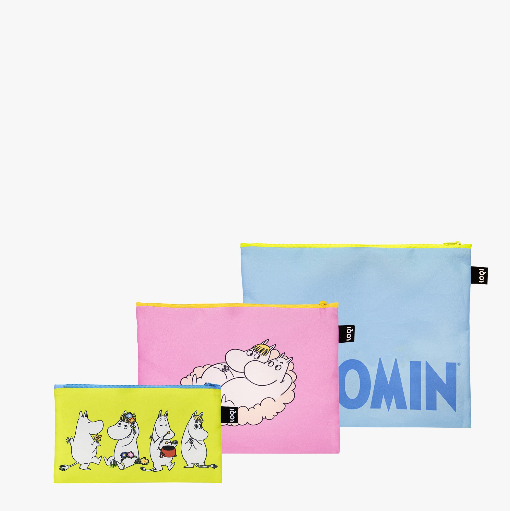 Zestaw kolorowych saszetek Moomin dla dzieci marki LOQI z postaciami Muminków na różnych rozmiarach