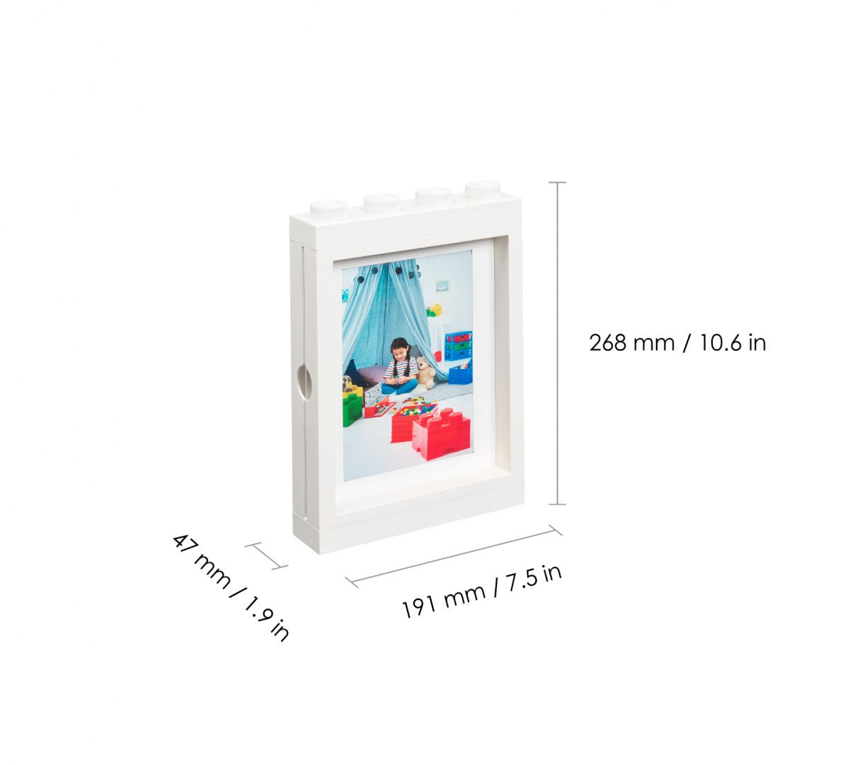 Biała ramka LEGO na zdjęcia biała o wymiarach 268x191x47 mm idealna do dziecięcych pokoi