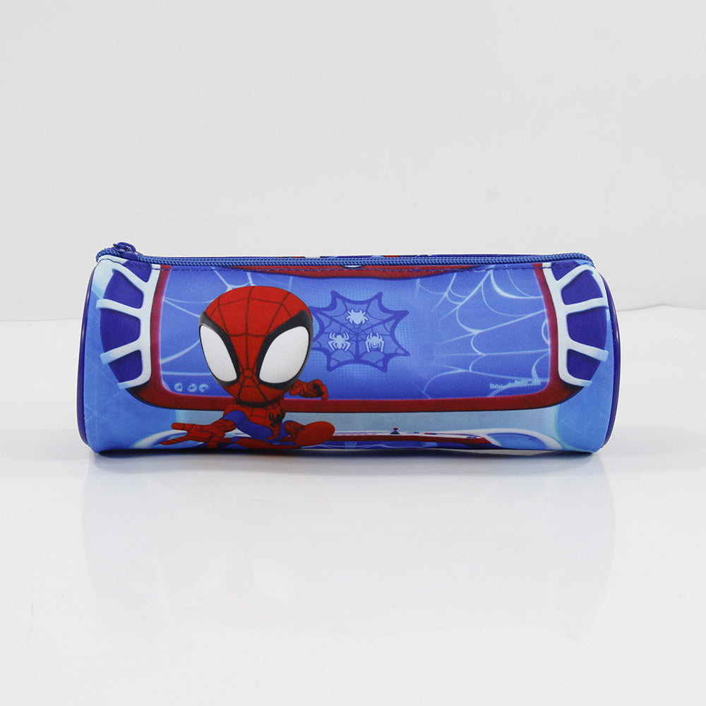 Estuche azul tubo Spidey con impresión de personajes de Spider-Man y motivo de telaraña