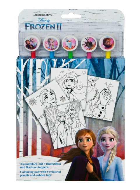 Malbuch Die Eiskönigin für Kinder mit fünf Buntstiften und Radiergummis im Frozen II-Motiv