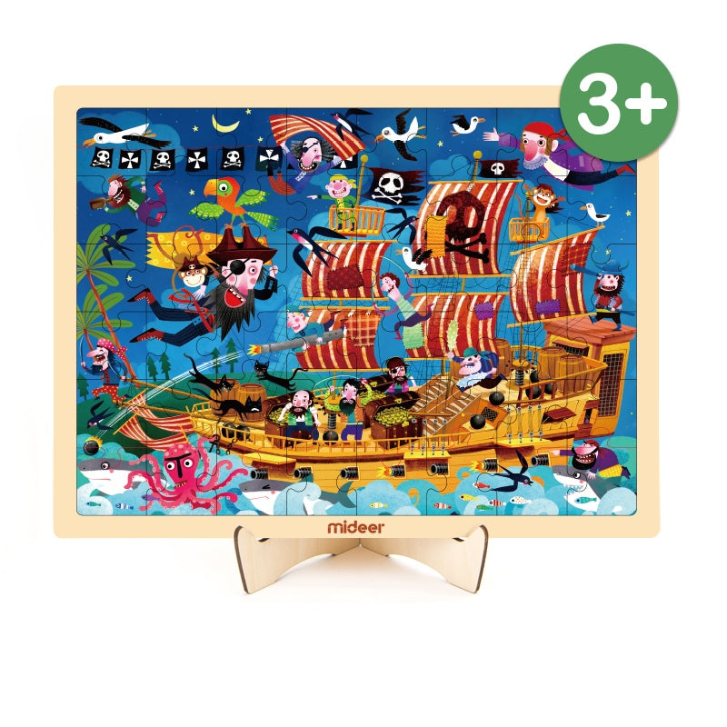 Drewniane puzzle statek piratów z kolorowymi postaciami piratów i morskimi stworzeniami
