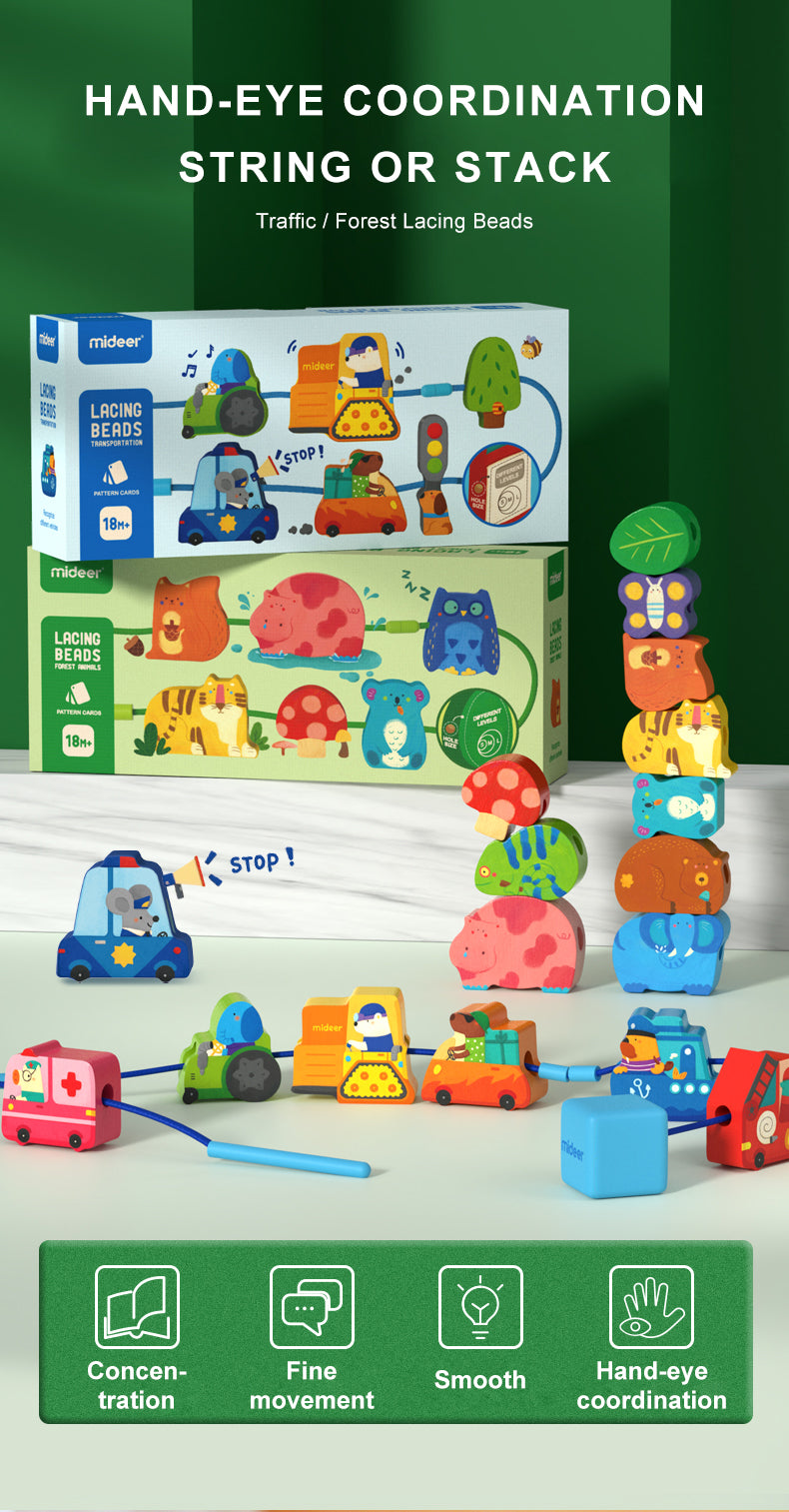Juego de enhebrar figuras de madera mideer – Animales del bosque