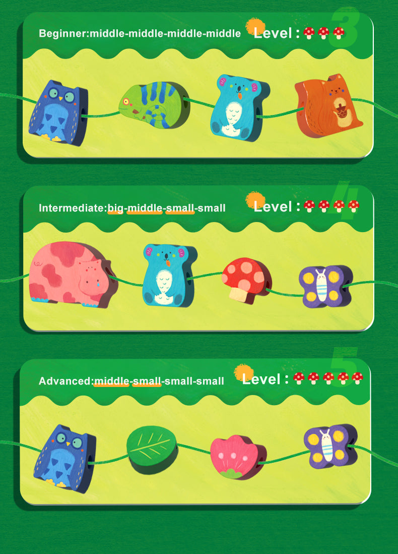 Juego de enhebrar figuras de madera mideer – Animales del bosque