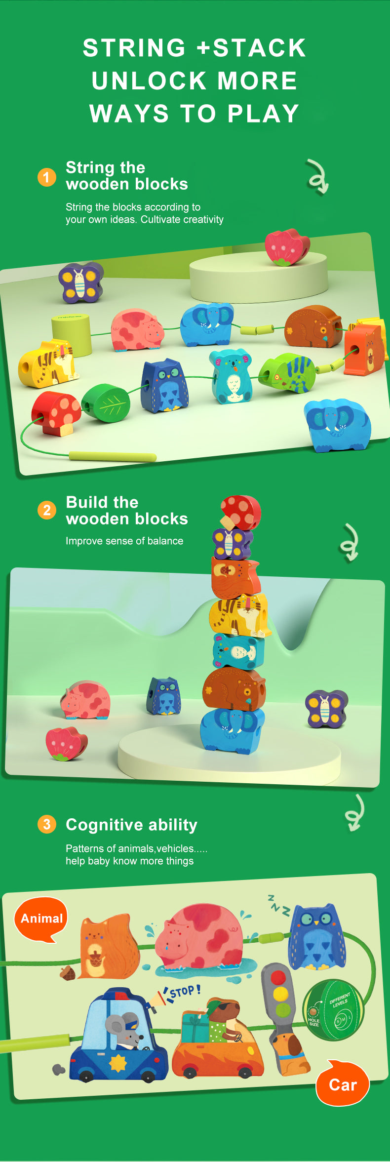 Juego de enhebrar figuras de madera mideer – Vehículos