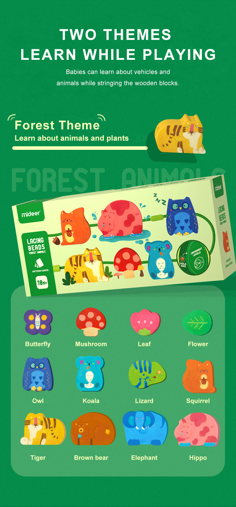 Juego de enhebrar figuras de madera mideer – Animales del bosque