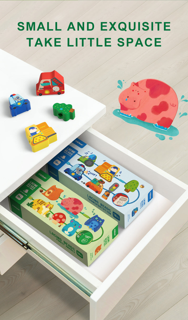Juego de enhebrar figuras de madera mideer – Animales del bosque
