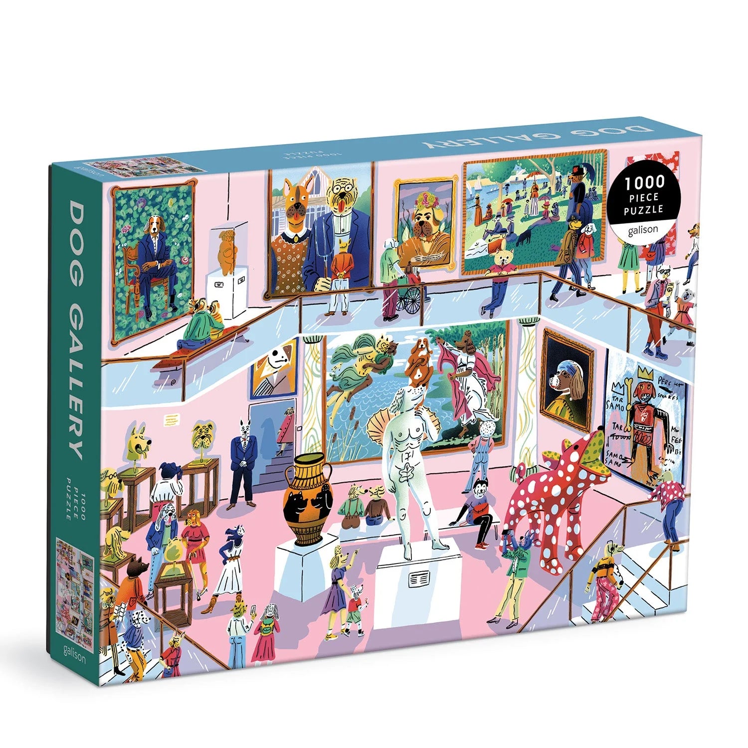 Puzzle 1000 elementów dla dorosłych Galison z kolorową ilustracją galerii sztuki z postaciami psów