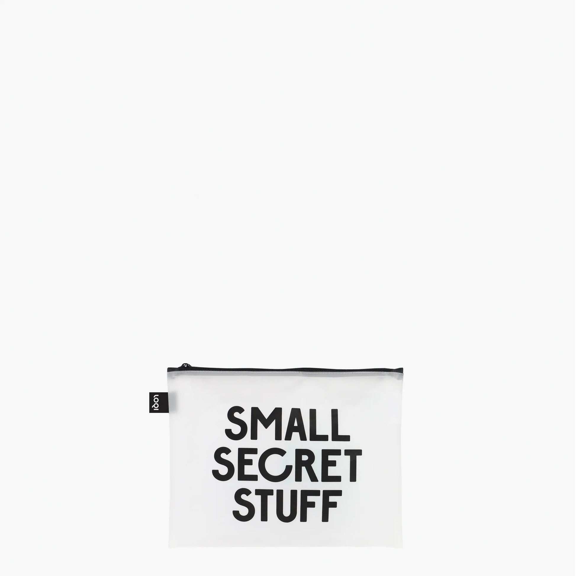 Biała saszetka LOQI z czarnym napisem Small Secret Stuff z zestawu saszetki LOQI SNASK zestaw