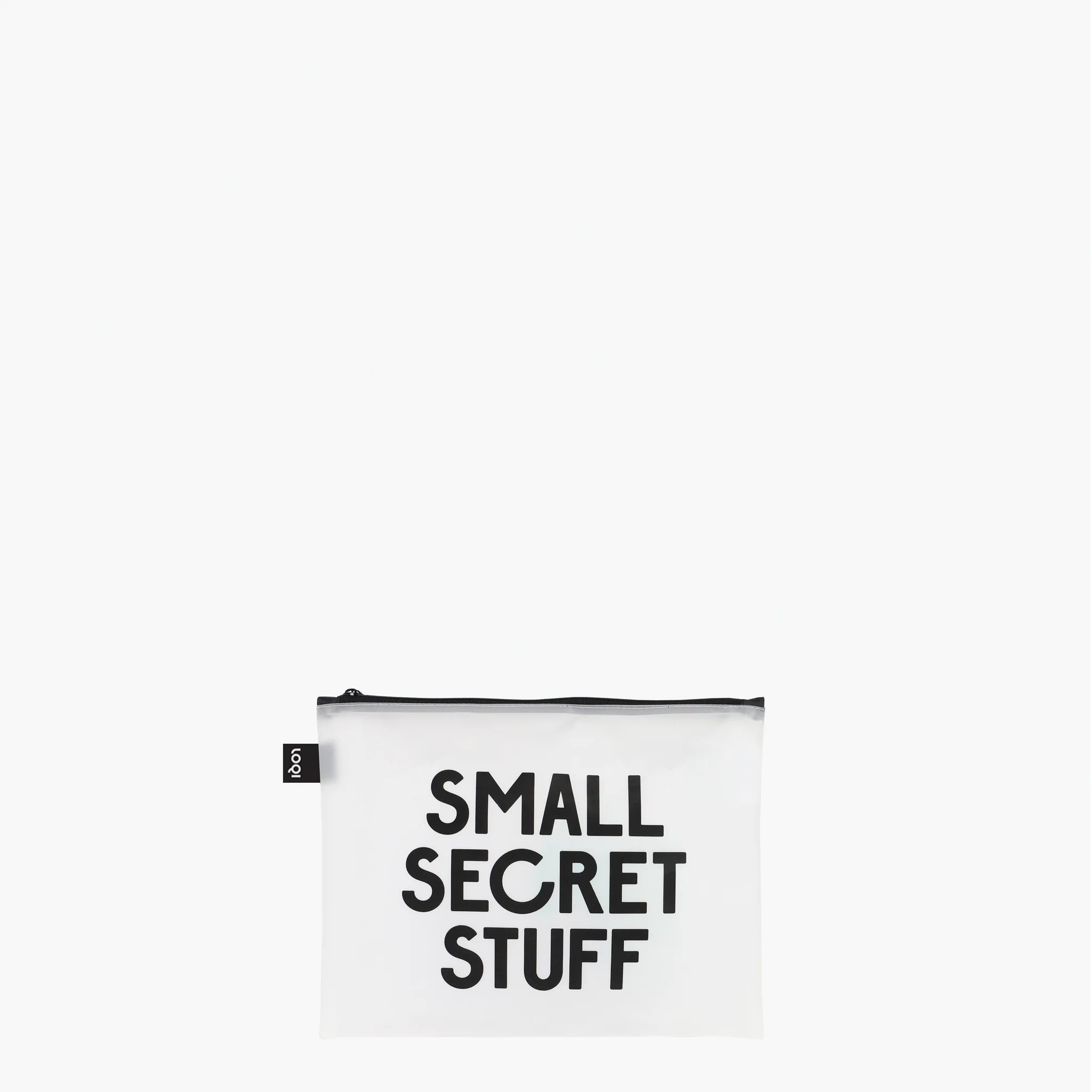 Biała saszetka LOQI z czarnym napisem Small Secret Stuff z zestawu saszetki LOQI SNASK zestaw