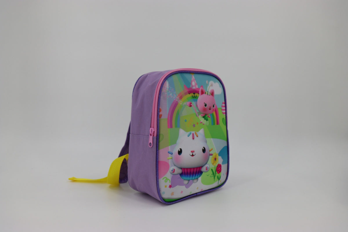 Purple preschool backpack Gabi's Cat House with a colorful print of a kitten and a rainbow.