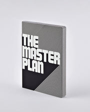Czarny i biały notatnik the master plan z geometrycznym wzorem i dużym napisem na okładce