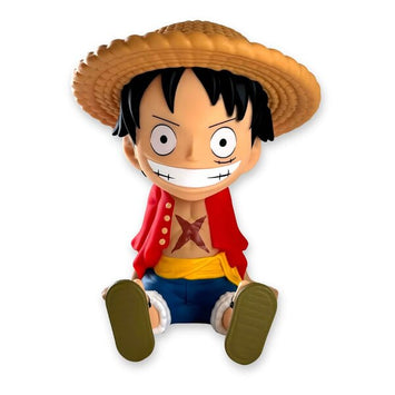 One Piece Luffy piggy bank figure by Plastoy with a straw hat and red jacket
