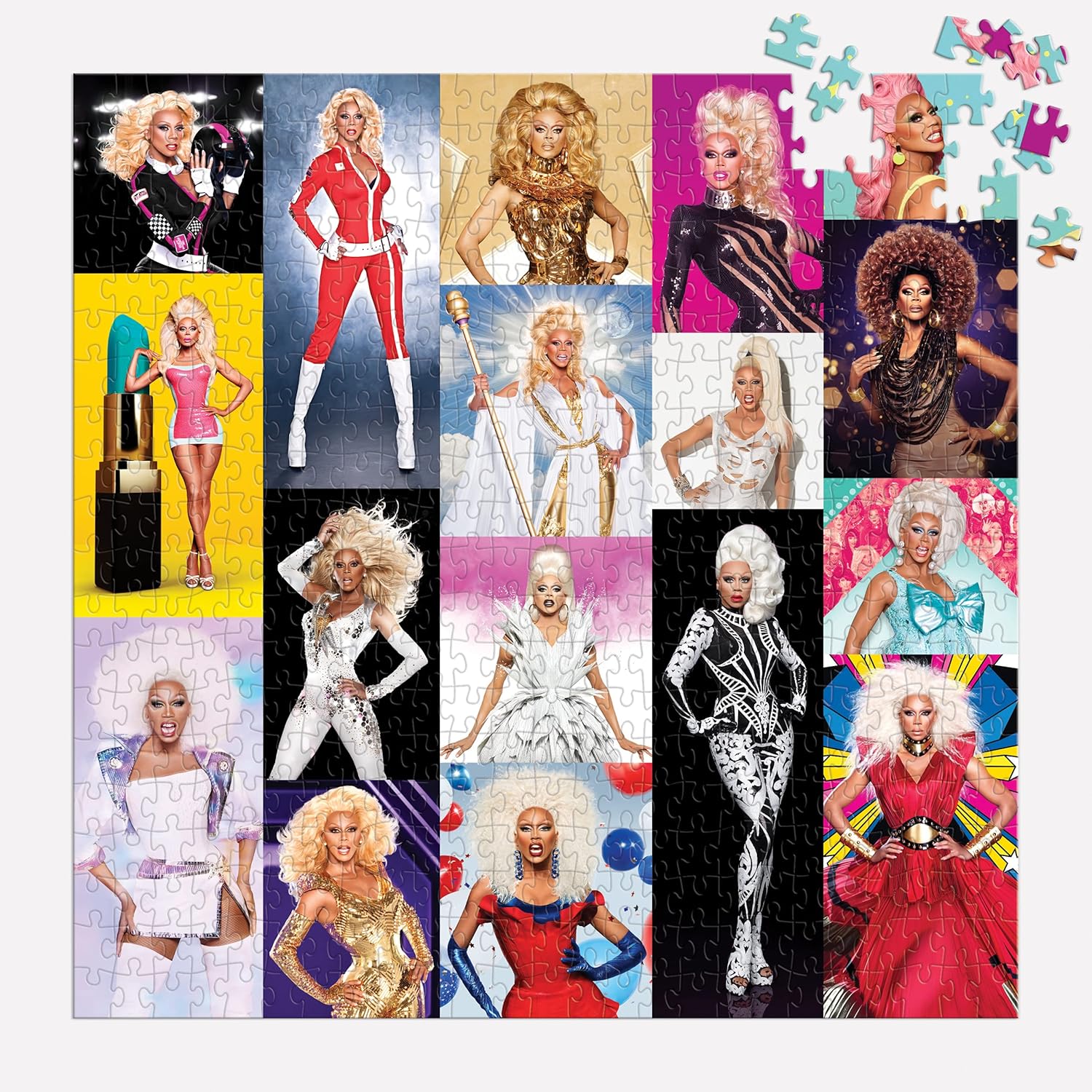 Puzzle RuPaul's Drag Race 500 elementów przedstawiające kolorowe portrety uczestniczek w różnych kreacjach