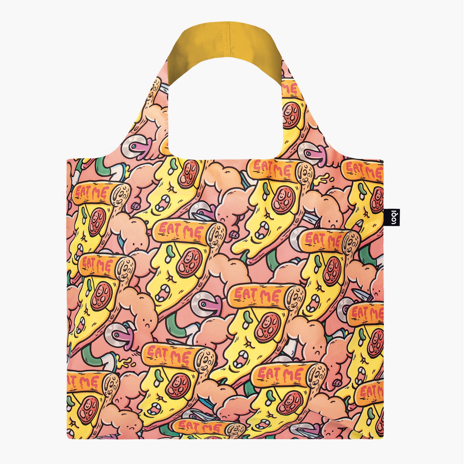 Kolorowa torba LOQI Brosmind Slasher the Slice z nadrukiem kawałków pizzy i napisem eat me