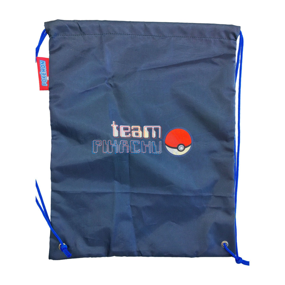 Granatowy worek szkolny Pokémon z napisem team Pikachu i nadrukiem Pokeballa