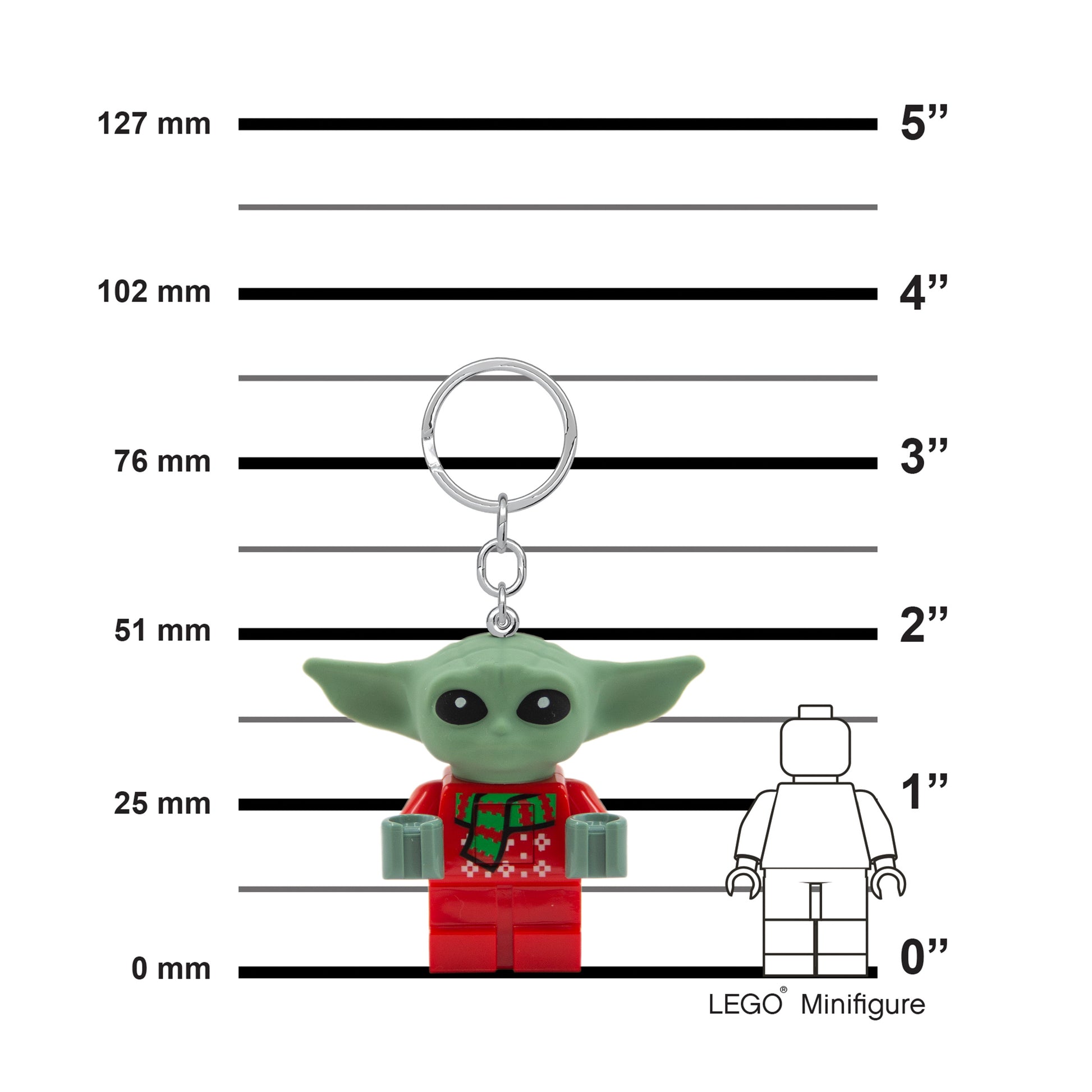 brelok LEGO Star Wars Grogu z zieloną postacią w czerwonym swetrze na tle miarki wielkości