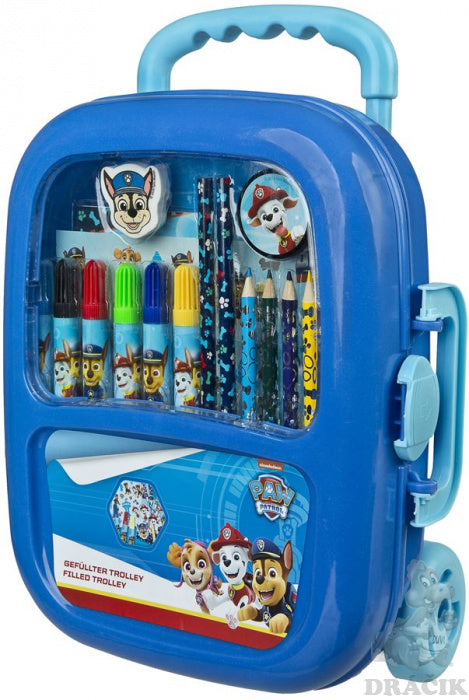 Blaue Rolltasche Paw Patrol mit einem Set aus bunten Markern und Buntstiften für Kinder