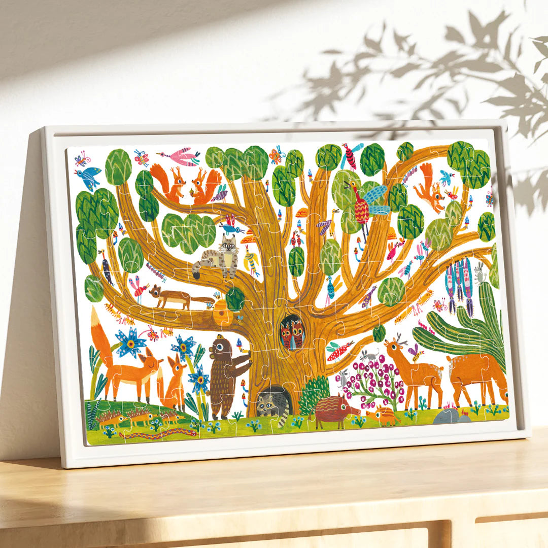 Kolorowe puzzle artystyczne drzewo życia z ilustracją zwierząt i roślin od mideer