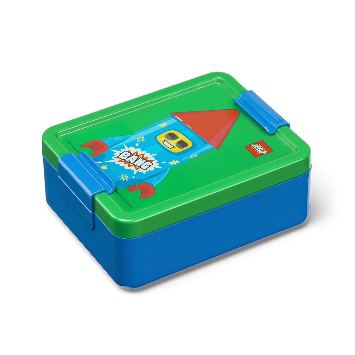 Lunchbox LEGO dla dzieci w kolorze niebiesko-zielonym z grafiką postaci z klocków LEGO