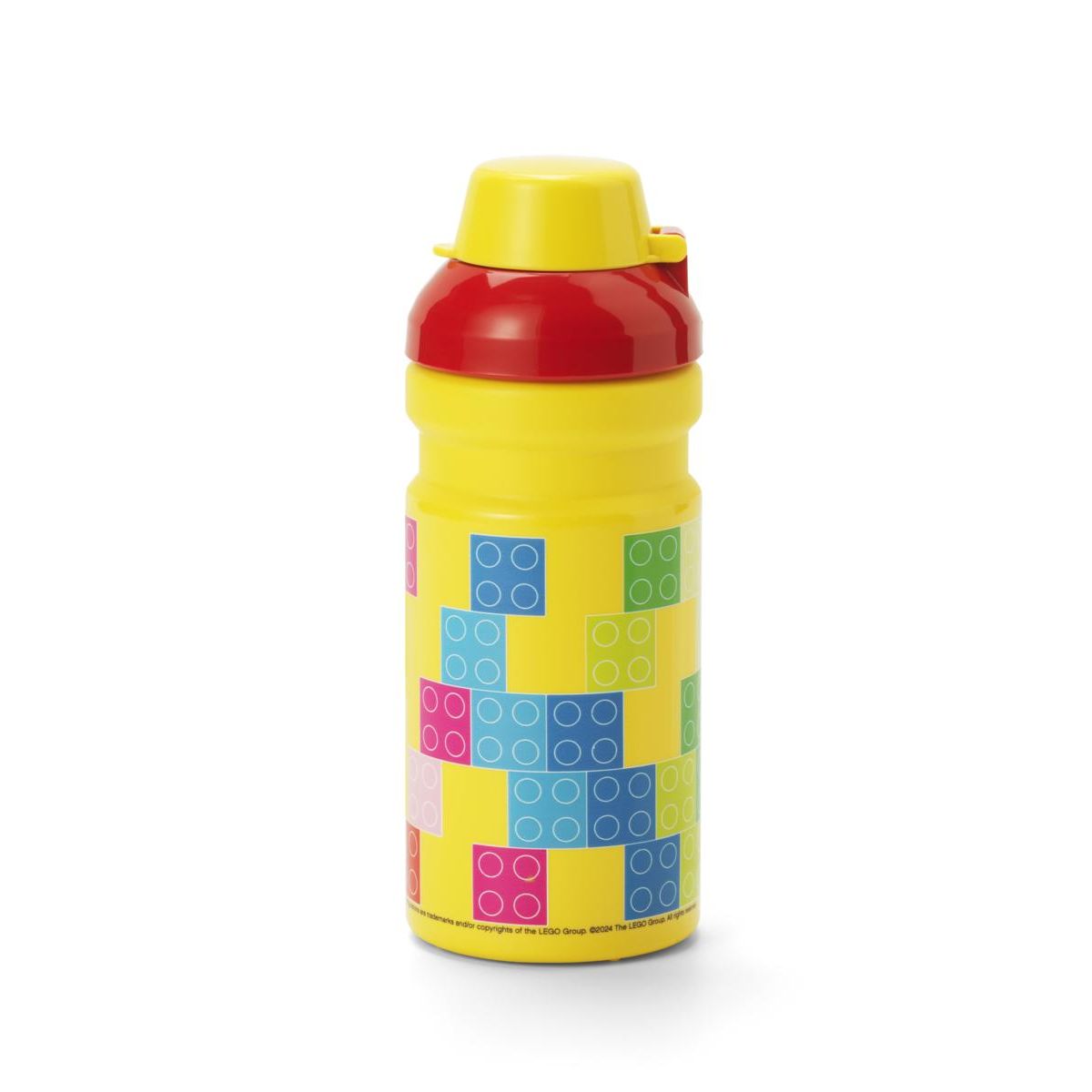 Bidon LEGO dla dzieci w żółtym kolorze z kolorowymi klockami, praktyczny i bezpieczny do picia
