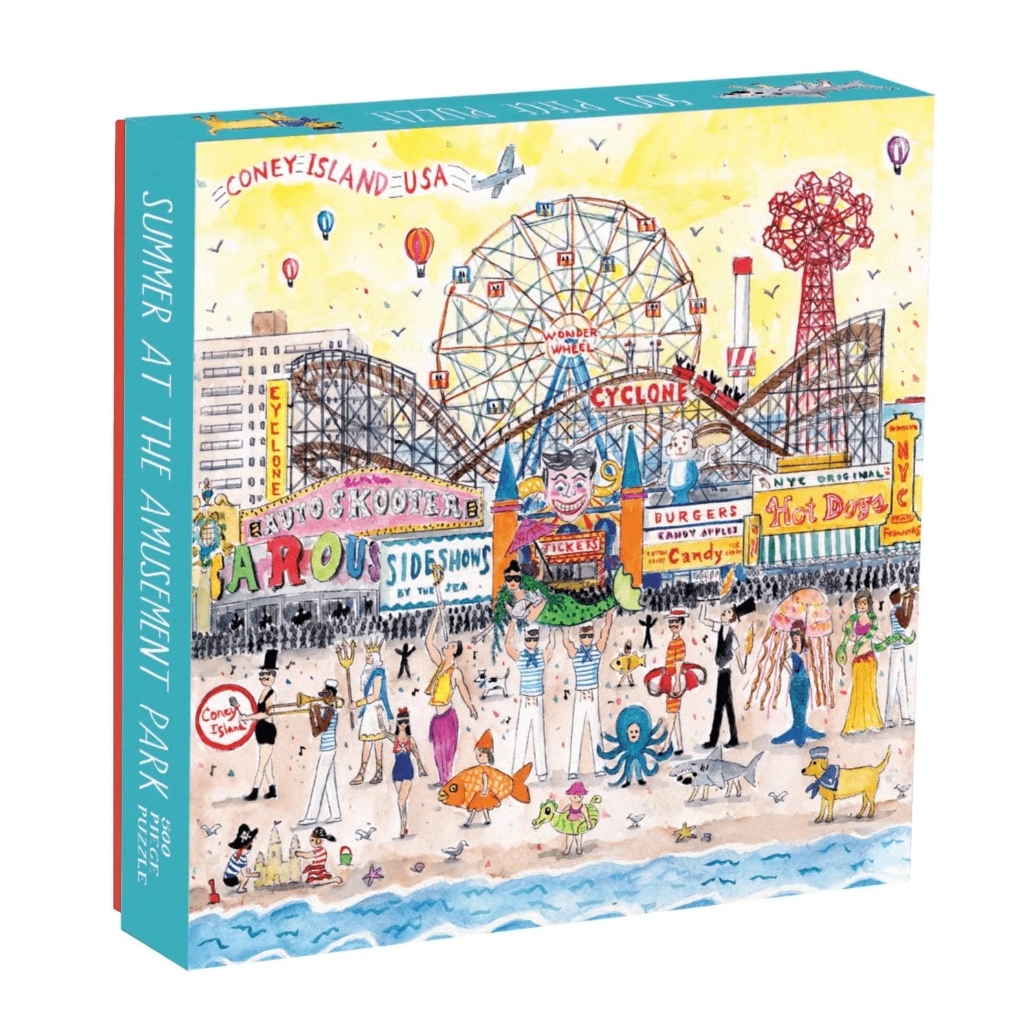 Puzzle Michael Storrings wesołe miasteczko obrazujące Coney Island z wesołymi postaciami i atrakcjami